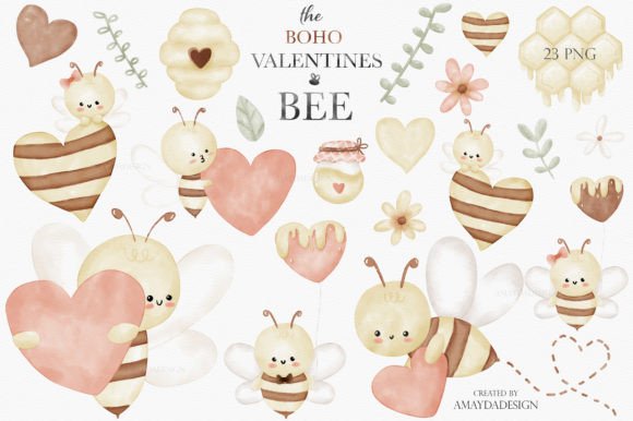 Download Bee My Valentine Boho Watercolor Clipart - Valentine Collection