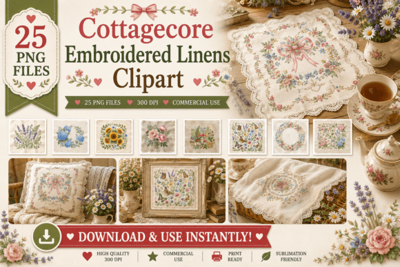 Download Cottagecore Embroidered Linens Clipart - Red Collection
