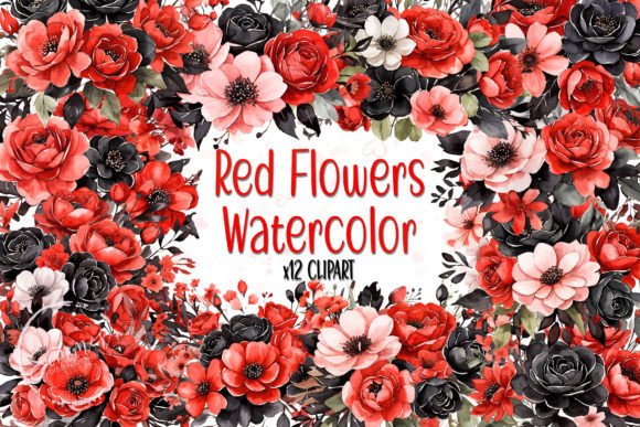 Download Red and Black Flowers Watercolor Clipart - Red Collection
