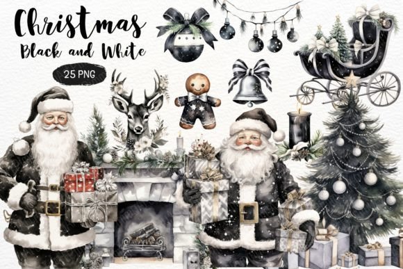 Download Christmas Black and White Watercolor PNG - Christmas Collection